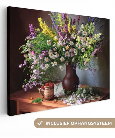 Canvas schilderij 40x30 cm - Wanddecoratie Bloemen - Tafel - Stilleven - Boeket - Vaas - Muurdecoratie woonkamer - Slaapkamer decoratie - Kamer accessoires - Schilderijen op canvas