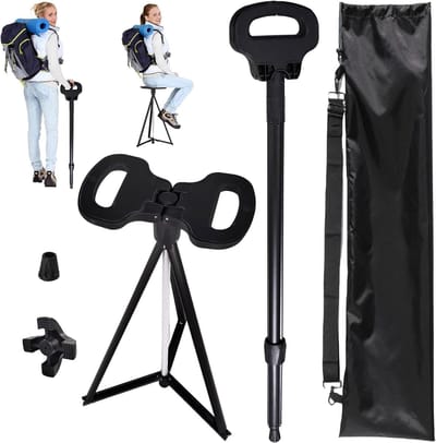 Wandelstok met Zitting - Opvouwbare Stok Stoel - Buiten Zitten - Hoogte Verstelbaar - 98 cm - Zwart