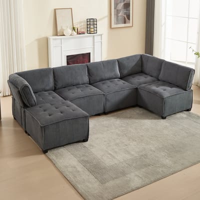 Hoekbank - Modulaire 6-zitsbank, corduroy stof, ergonomisch, opbergvakken, flexibel te combineren als U-vorm/L-vorm/slaapbank, stabiel frame - hout - metaal, eenvoudige montage - Grijs