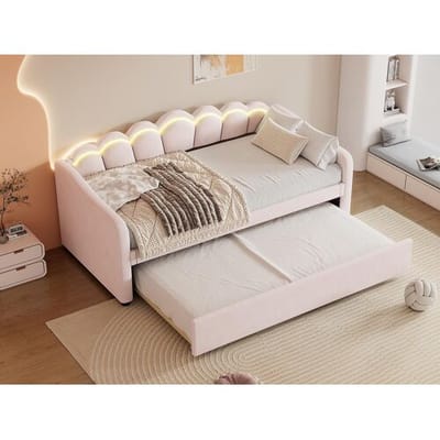 ModernLuxe 90x200cm bedbank met LED + 90x190cm onderschuifbed - bekleed met fluwelen stof - Roze (matras niet inbegrepen)