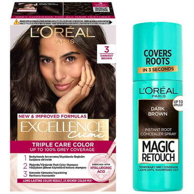 L'Or&eacute;al Paris Excellence Creme Hair Color 3 Natural Darkest Brown &amp; Magic Retouch Dark Brown Instant Root Concealer Spray 1 pcs + 75 ml