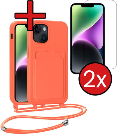 Hoesje Geschikt voor iPhone 13 Hoesje Met Telefoonkoord en Pasjeshouder Met 2x Screenprotector Siliconen - Hoes Geschikt voor iPhone 13 Hoesje Met Kaarthouder Case - Papaya