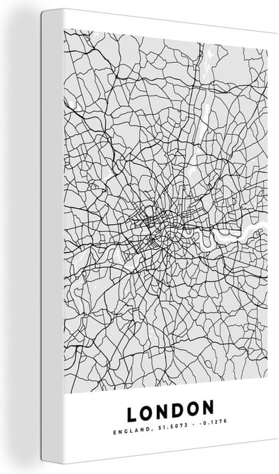 Canvas Schilderij Londen - Stadskaart - Plattegrond - Zwart Wit - Kaart - 20x30 cm - Wanddecoratie