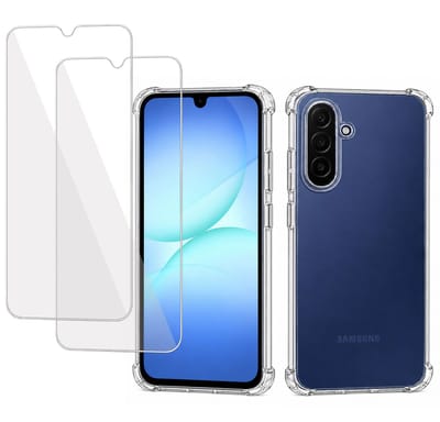 Hoesje met screenprotector geschikt voor Samsung Galaxy A17 - Luchtkussens - Siliconen Hoes - Gehard Glas - Transparant - 2 Stuks