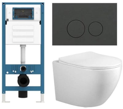 FugaFlow Eccelente Press Toiletset - 48.5x36x32cm - diepspoel - spoelrandloos - inbouwreservoir - softclose - quickrelease - toiletzitting - mat antraciet kunststof bedieningsplaat - ronde knoppen - wit
