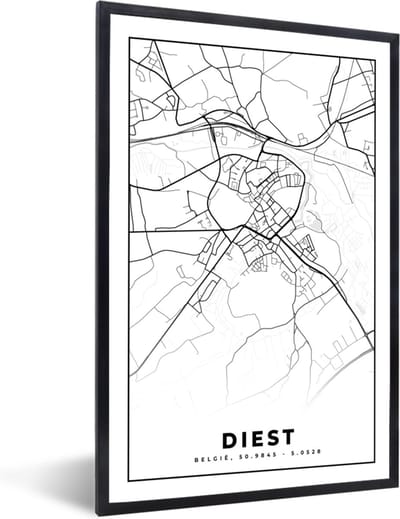 Fotolijst incl. Poster Zwart Wit- Kaart – Plattegrond – Stadskaart – Diest – België – Zwart Wit - 40x60 cm - Posterlijst