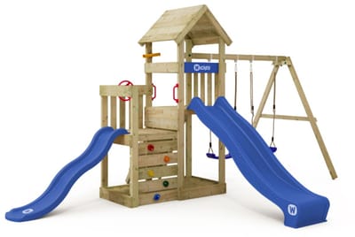 Wickey - Speeltoestel SkyFlyer met 2 glijbanen en schommelaanbouw - Speelhuis, Speeltoestel, Klimtoestel, Klimrek, Glijbaan, Schommel, Zandbak - Blauw