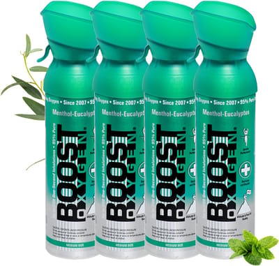 Boost Oxygen - Medium 5L - Menthol-Eucalyptus - 95% Pure Zuurstof - Tot wel 400 inhalaties van 1 sec - Ademhalingsondersteuning voor sport herstel, hoogte, prestaties en gezondheid - Zuurstoffles - 4x 5L (4 pak, 20L totaal)