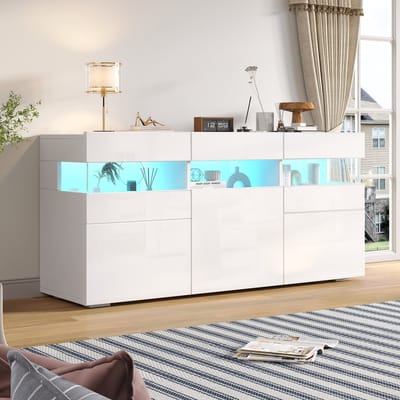 Dressoir - 140x40,5x66,5 cm - LED Verlichting met 3 Deuren en 7 Vakken - Hoogglans - Wit
