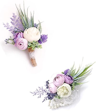 Corsage en Boutonniere Set - Kunstbloemen Accessoires - Bruiloft Decoratie - Handgemaakt met Parel - 2 Stuks - Paars