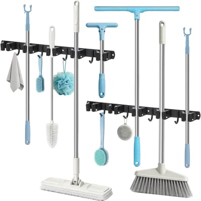 Broom Holder voor Muur, Set van 2, 10 Houder + 8 Haken, Sterke Tool Houder, Roestvrijstalen Gereedschap Houder voor Garage, Werkplaats en Tuin