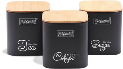 Maestro MR-1775-3S-BLACK Voorraadpotten Set - 3-Delig - Voor Koffie, Thee en Suiker - 1.3L - Koolstofstaal met Bamboe - Zwart