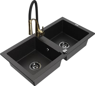Mexen Mario 2-kamer granieten wasbak met Aster keuken kraan, zwart/zilver metallic - 6504-73-73450-57-B