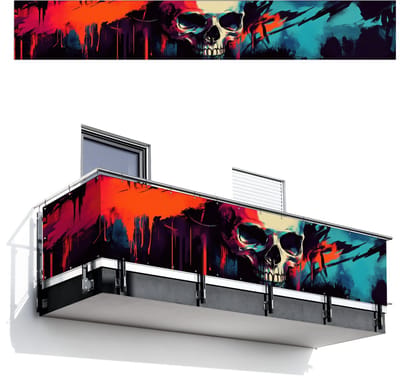 Balkonscherm 500x75 cm - Balkonposter Schedel - Abstract - Rood - Blauw - Graffiti - Balkon scherm decoratie - Balkonschermen - Balkondoek zonnescherm