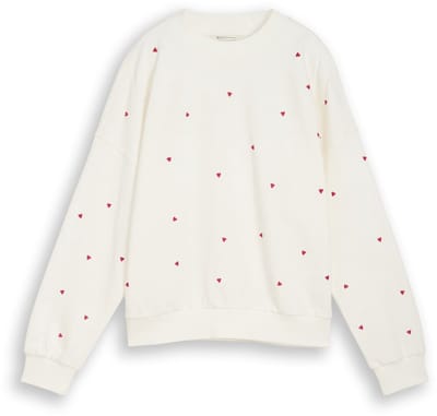 Tom Tailor Denim - Sweatshirt met losse pasvorm en borduursel - Maat XXL - off white red heart embroidery