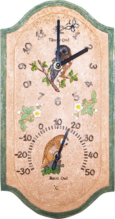 St. Helens Home & Garden Uil Design Wandklok – Inclusief Thermometer – Weerbestendig Polyresin – 38 × 20 × 4,7 cm
