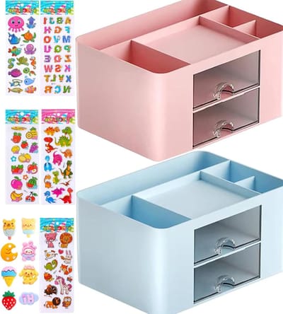 Multifunctionele Bureau Organizer met Lades, Ruimtebesparende Pennenhouder en Tafel Organizer met 5 Compartimenten voor Thuis, Kantoor en School (Roze+Blauw)