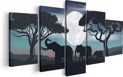Artaza Canvas Schilderij Vijfluik Olifanten Silhouet Tijdens Volle Maan - 100x50 - Foto Op Canvas - Canvas Print