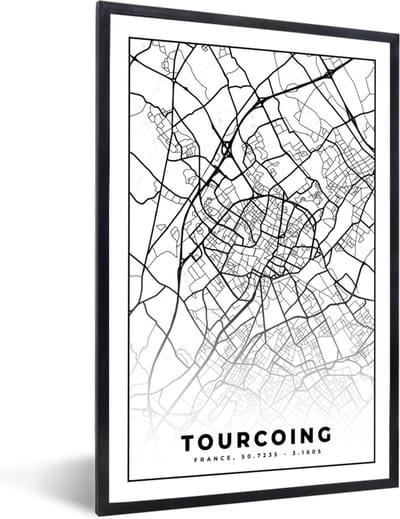 Fotolijst incl. Poster Zwart Wit- Stadskaart - Tourcoing - Plattegrond - Kaart - Frankrijk - Zwart wit - 40x60 cm - Posterlijst