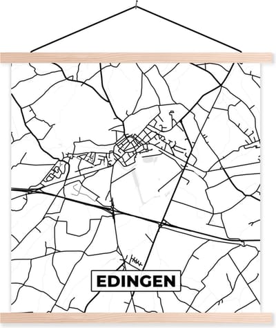 Posterhanger incl. Poster 40x40 cm - Schoolplaat - België – Edingen – Stadskaart – Kaart – Zwart Wit – Plattegrond - Textielposter - Blanke latten - Stadskaart