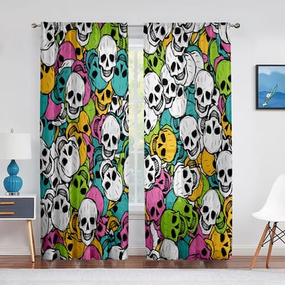 Texture Crâne avec Os de la Calotte Crânienne Rideaux en Tulle pour Salon Chambre Chiffon Voile Transparent Rideau de Fenêtre de Cuisine Drapés 1 PCS W100XH250cm&Rod Pocket