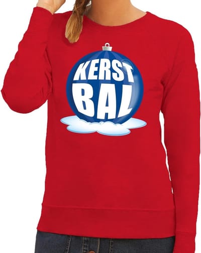 Foute kersttrui kerstbal blauw op rode sweater voor dames - kersttruien S