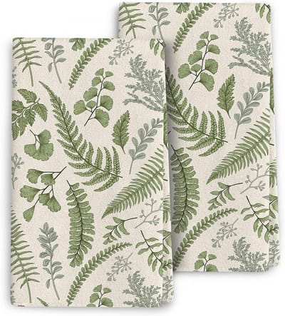 Set van 2 Schattige Botanische Keukenhanddoeken voor Absorberen en Drogen, Sage Groene Kruiden en Bladeren, Ideaal voor Keuken en Badkamer 40 x 60 cm