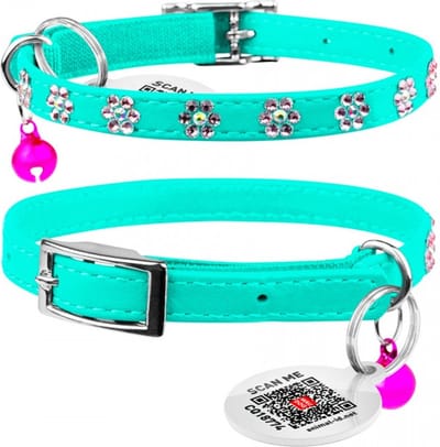WAUDOG Glamour Flower Kattenhalsband - Echt Leder - Mint - Gratis QR-tag - XXS - Breedte: 9 mm - Nekomtrek: 22 - 30 cm (GELIEVE ALVORENS BESTELLEN OPMETEN)