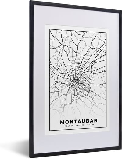 Fotolijst incl. Poster Zwart Wit- Frankrijk - Kaart - Montauban - Plattegrond - Stadskaart - Zwart wit - 40x60 cm - Posterlijst