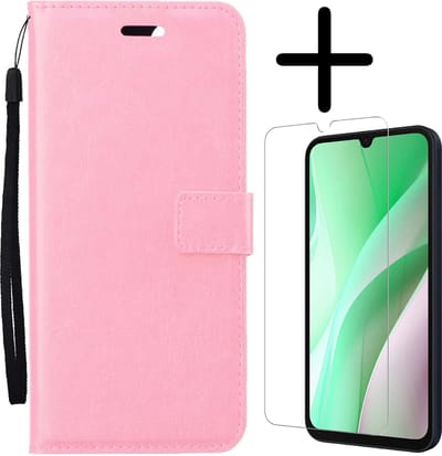 Hoesje Met Screenprotector - Geschikt voor Samsung Galaxy A15 - Luxe Pasjeshouder - Bookcase Portemonee - Flip Case - Kunstleer Book Case - Flipcase - Book Cover - Walletcase - Portemonneehoes - Lichtroze