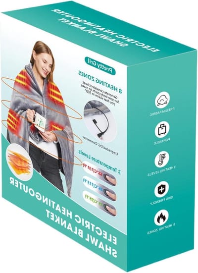 Verwarmde Deken - Poncho Sjaal - Warm Blijven - Drie Temperatuurstanden - 150 x 80 cm - Grijs