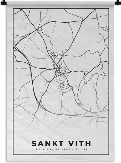 Wandkleed - Wanddoek - Zwart Wit – België – Plattegrond – Stadskaart – Kaart – Sankt Vith - 120x180 cm - Wandtapijt