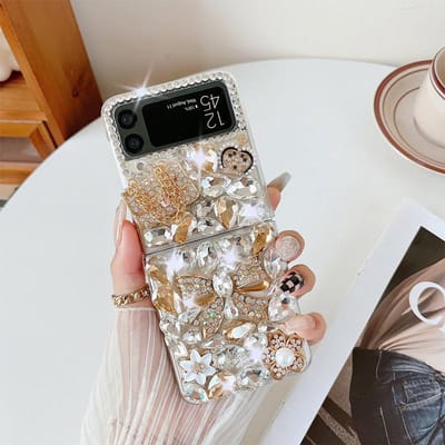 Bling 3D Strass Strik Kroon Mini Tas Telefoonhoesje Voor Samsung Galaxy Z Flip 6 5 4 3 Leuke Parel Kristal Bloemen Transparante Cover For Z Flip 3