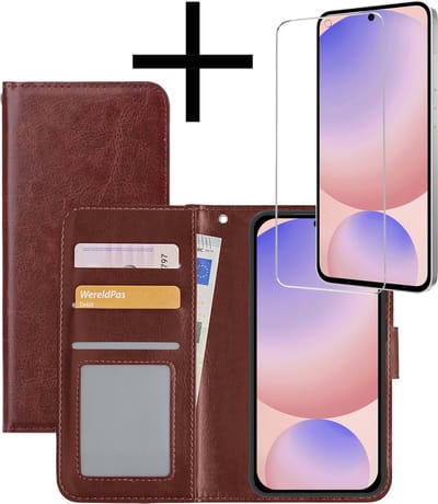 Hoesje - Met Screenprotector - Geschikt voor Samsung Galaxy S24 FE - Luxe Pasjeshouder - Bookcase Portemonee - Flip Case - Kunstleer Book Case - Flipcase - Book Cover - Walletcase - Portemonneehoes - Bruin