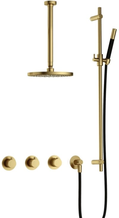 Hotbath Cobber - CB7067 - Inbouw Regendoucheset - Geborsteld Messing PVD - 2 Stopkranen - Thermostatisch - Plafondbuis 30 cm - Hoofddouche 200 mm - Staafhanddouche - Glijstang 900 mm - Waterbesparend