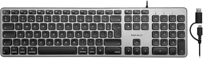 Macally UCZKEYHUBSG-UK full size bedraad USB-toetsenbord met 3 poorts USB-hub (één USB-C- en twee USB-A-poorten), numeriek toetsenblok met achttien toetsen, zwarte toetsen, Brits/Nederlands (QWERTY)