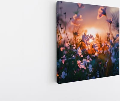 Saammp Canvas Schilderij - Landschap - Bloemen met zonsondergang - Natuur - 20x20 - Foto op canvas - Wanddecoratie - Muurdecoratie Woonkamer - Slaapkamer decoratie - Canvas Print