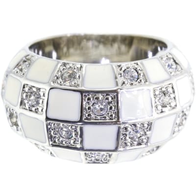 Behave - Ring - Zilverkleurige statement ring met crème-wit dambordpatroon en kristallen - Elegant & modern