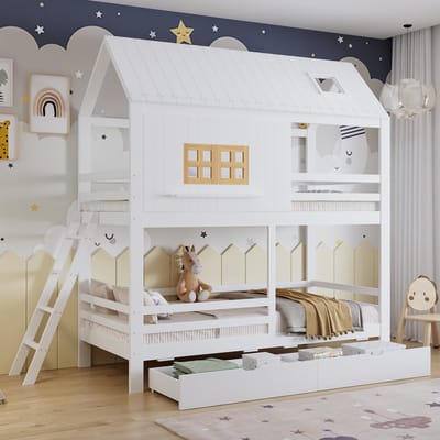 Sweiko Stapelbed - 90x200 cm - Huisontwerp - 2 lades - Kinderbed - Grenenhout + MDF - Wit