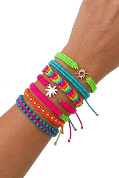 Set van 7 kleurrijke koord armbanden voor heren en dames met zomerse bedels – neon armbanden in boho stijl met palmboom en zon