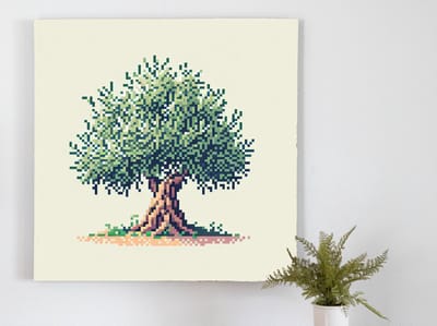 Pixel art olijfboom schilderij | Verfijnde pixels vormen een levendige olijfboom in kunstwerk | Kunst - 60x60 centimeter op Canvas | Foto op Canvas