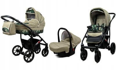 BabyLux® Kinderwagen 3in1 – LARGO - FERN LEAF BLACK FRAME - Opklapbare Wandelwagen incl. Reiswieg, Multifunctionele Buggy Sportstoel, Autostoel - Combi-kinderwagen met Luiertas, Regenhoes, Klamboe, Bekerhouder, etc.