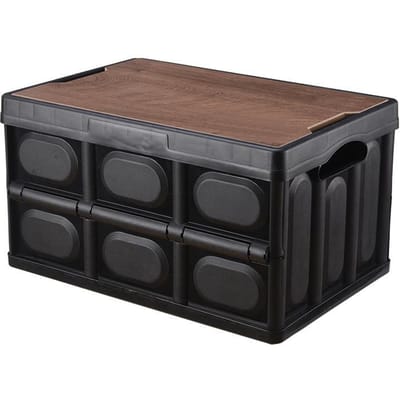 Boîte de rangement pliable pour camping extérieur avec couvercle en bois pour coffre de voiture Organisateur domestique Économiseur d'espace créatif 42*28.5*23.5cm noir