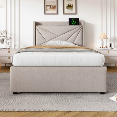 VVBV Opbergbed Gestoffeerd 90x200 cm met USB, Lattenbodem - Hoofdbord, Voor Kinderen/Tieners - Linnen - Zonder Matras
