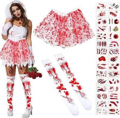 Bloederig Tutu Rok Kostuum voor Halloween met Bloed Sokken en Tattoo Stickers voor Vrouwen - Perfect voor Feestelijke Carnavals en Thema Parties