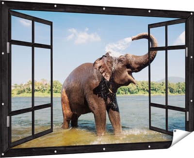Gards Tuinposter Doorkijk Vrolijke Olifant in het Water - 180x120 cm - Tuindoek - Tuindecoratie - Wanddecoratie buiten - Tuinschilderij
