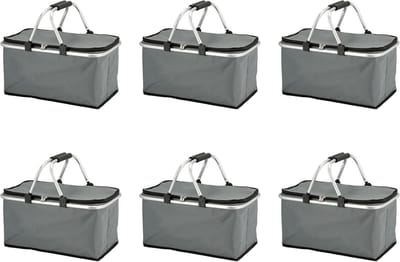 Novaliv 6x boodschappenmand opvouwbaar met koelfunctie 30 liter GRIJS geïsoleerde mand met gevoerde handgrepen en ritssluiting op het deksel draagmand