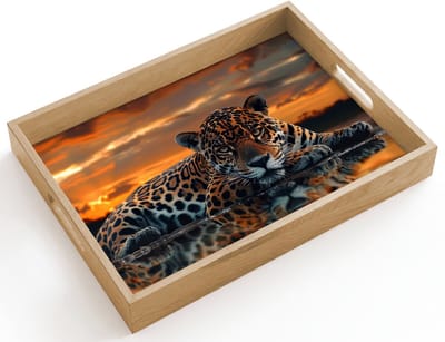 Dienblad hout 40x30 cm - Schootdienblad - Natuur - Luipaard - Dier - Zonsondergang - Modern - Borrelplank rechthoek - Plateau dienbladen