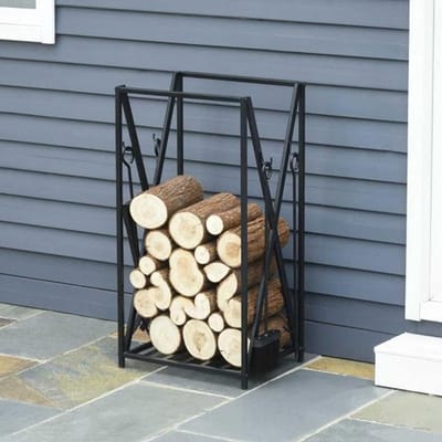 Brandhout Opbergrek - Hout Opslag - Open haard - Grote capaciteit - 46x30x76cm - Zwart