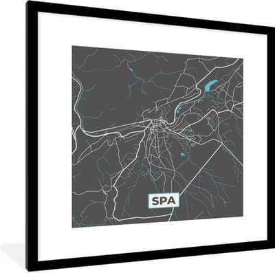 Fotolijst incl. Poster - Plattegrond – Spa – Blauw – Stadskaart - Kaart - België - 40x40 cm - Posterlijst